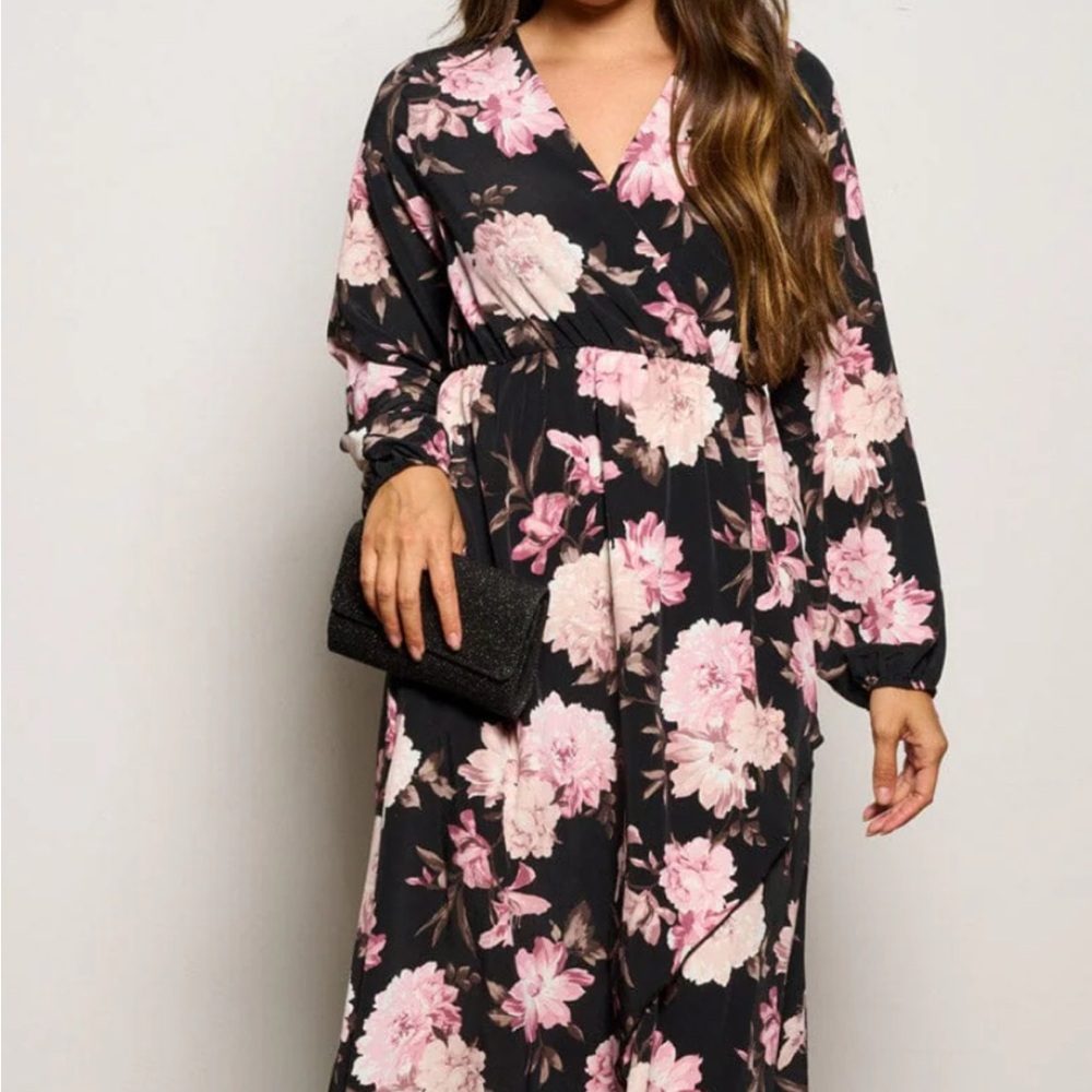 NWT Women's Long Sleeve Floral High Low V-Neck Flowy Party Long Maxi Dress - Picture 11 of 12